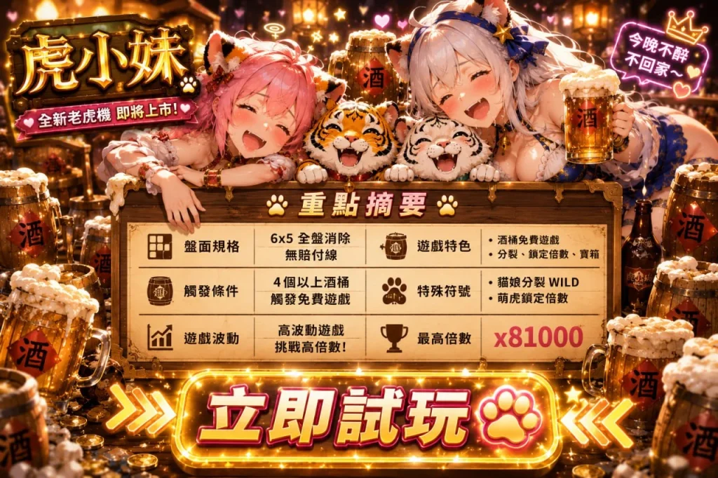 ATG虎小妹老虎機重點介紹圖，展示6×5消除玩法、免費遊戲、分裂Wild、鎖定倍數與最高81000倍特色。
