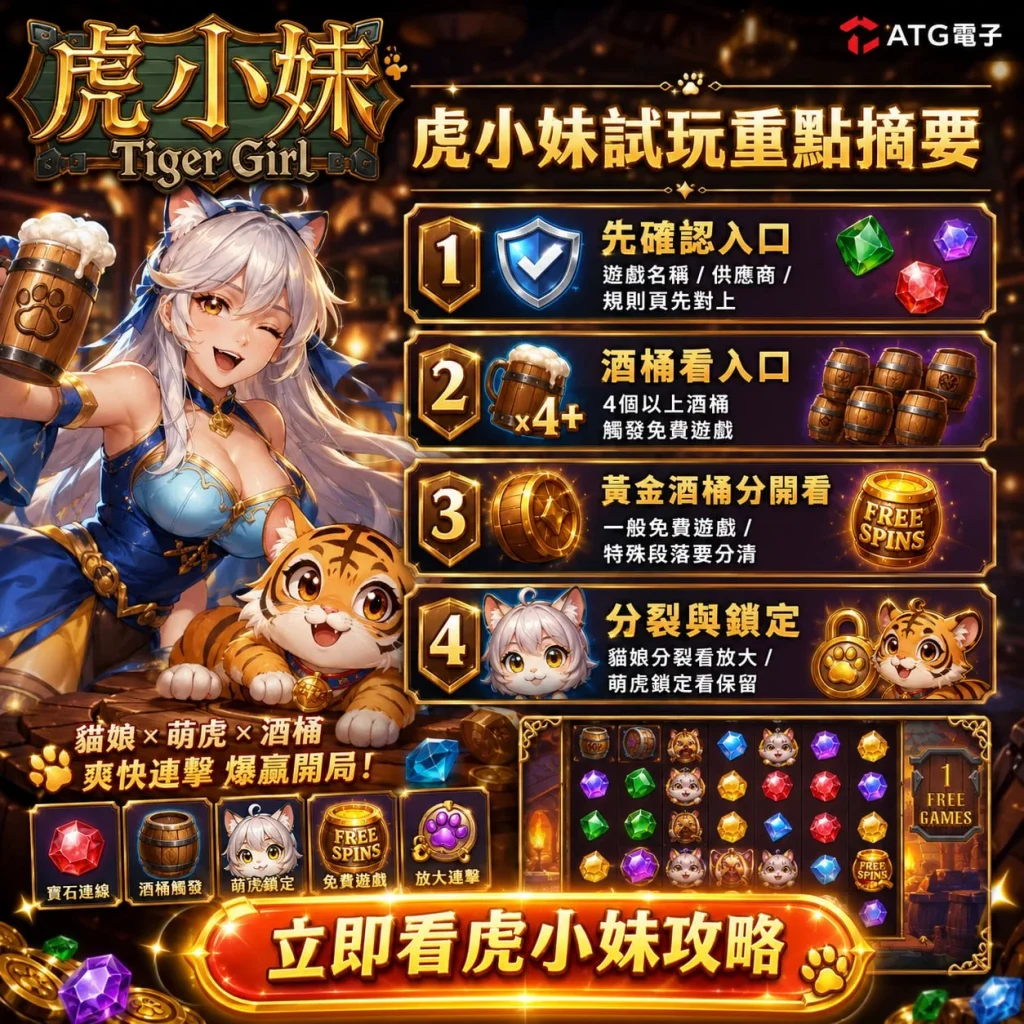 ATG虎小妹試玩重點整理，介紹虎小妹免費玩四大重點，包含入口確認、酒桶免費遊戲、黃金酒桶與萌虎分裂鎖定玩法。